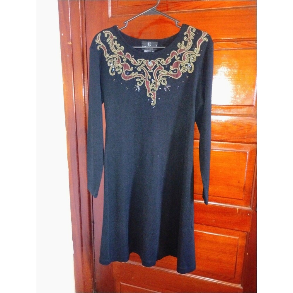 Sz Med Vintage Carole Little Black Knit Beaded Long Sleeve Dress Embellished